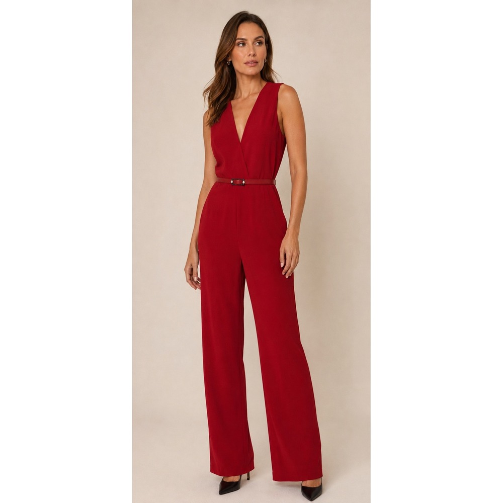 Ralph Lauren Black Label Red Crepe Wide Leg Belted Jumpsuit Size 6